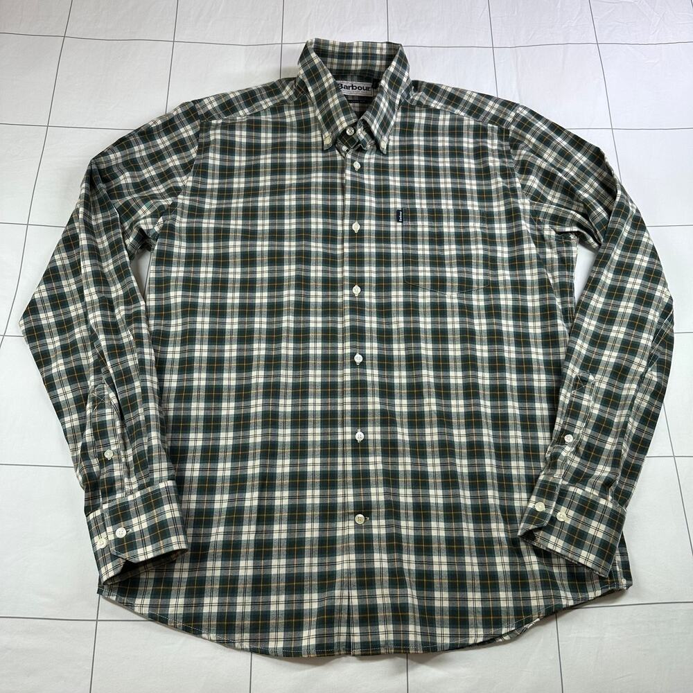 Barbour Shirt Mens Medium Green Plaid Malcolm Tailored Fit Button Down Cotton